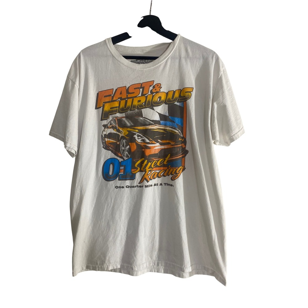 Fast & Furious Graphic Tee Men Large White Excellent Street Racing Car Shirt